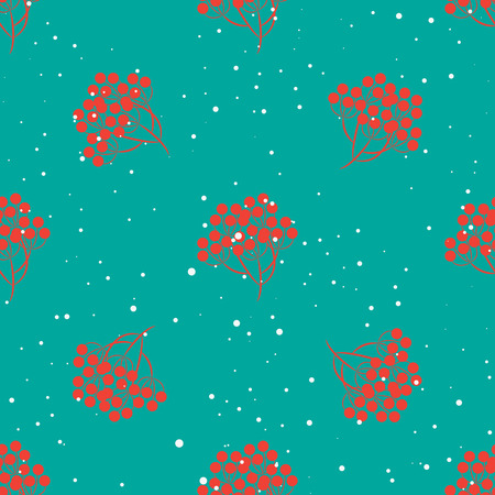 Rowanberry branch and snow seamless pattern. Vector winter holidays green turquoise background.のイラスト素材
