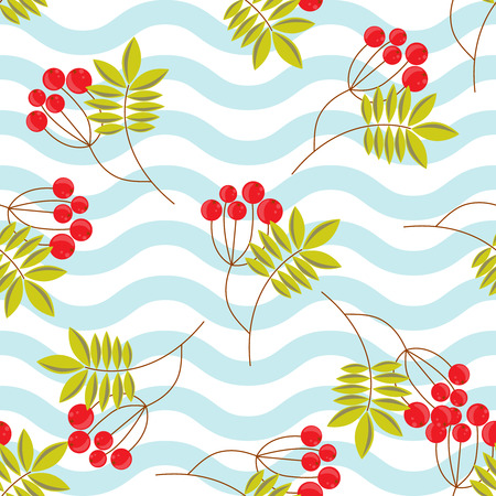 Rowanberry branch on blue waves seamless pattern. Vector winter holidays background.のイラスト素材