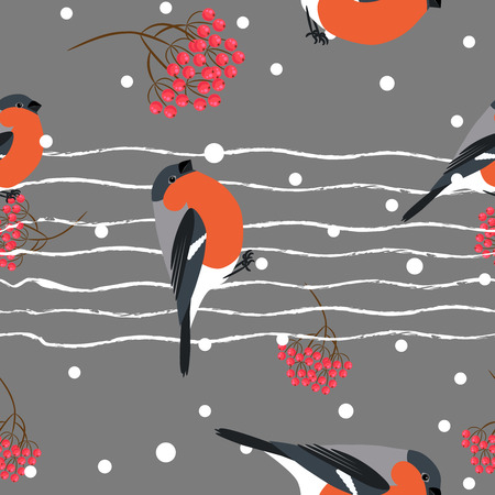 Bullfinch and berberry branch seamless pattern. Vector dark gray holiday snow winter background. Bird and forest berry print.のイラスト素材