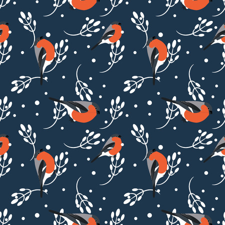 Bullfinch and berberry branch seamless pattern. Vector dark blue holiday winter background. Bird and forest berry print.のイラスト素材