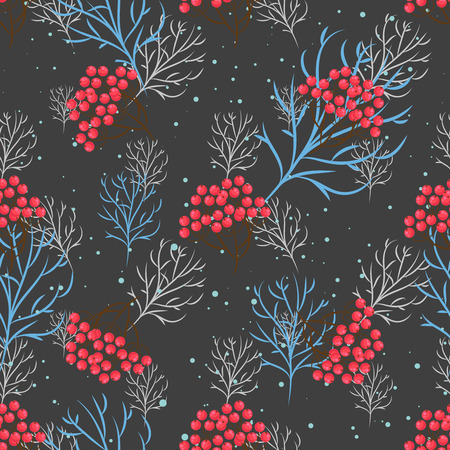 Rowanberry branch seamless pattern. Vector winter holidays dark grey background. Trees silhouettes without foliage and snowのイラスト素材