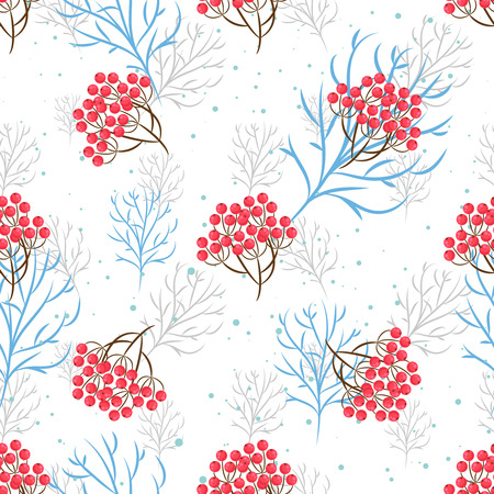 Rowanberry branch seamless pattern. Vector winter holidays light background. Trees silhouettes without foliage and snowのイラスト素材