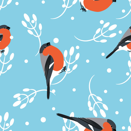 Bullfinch and berberry branch seamless pattern. Vector blue holiday winter background. Bird and forest berry print.のイラスト素材