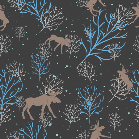 Forest deer seamless pattern. Vector winter holidays dark grey background. Trees silhouettes without foliage, moose and snowのイラスト素材