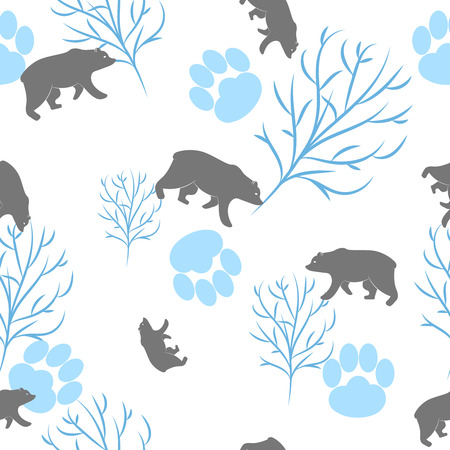 Forest bear seamless pattern. Vector winter holidays light white background. Trees silhouettes without foliage, animal paws and snowのイラスト素材