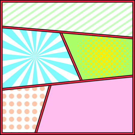 Pop art frame comics background template. Cartoon retro page with blocks, halftone and sunburst.  Pop-art style blank layout vectorのイラスト素材
