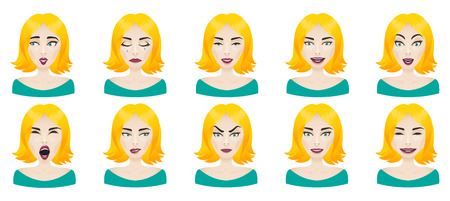 Emotions female face set. Facial expressions woman icon avatar. Calm, surprise, angry, stress, confusion, laughing, curious, thoughtful, playful, frightenedのイラスト素材