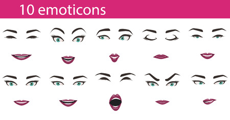 Emoticons face expressions set. Facial emotions - brows, eyes, lips for characterのイラスト素材