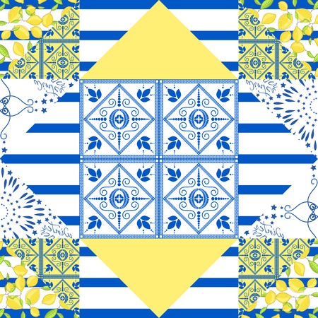Seamless patchwork pattern. Mediterranean quilted textile tiles style. Geometric shapes.のイラスト素材