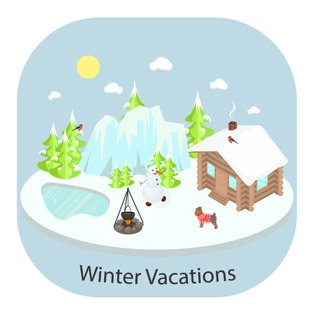 Winter landscape background with wooden house in front of forest and mountains. Frozen lake, bonfire and snowman.のイラスト素材
