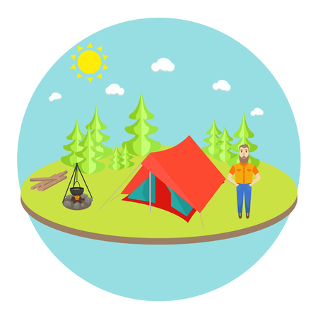 Summer camping landscape background with tent in front of forest. Hipster tourist alone near pond, bonfire and woods.のイラスト素材