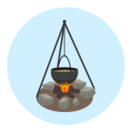 Campfire with pot icon. Outdoor food preparing on fire. Bonfire with cauldronのイラスト素材
