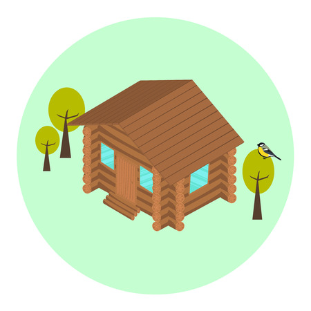 Wood log isometric house icon with trees and titmouse. Eco home conceptのイラスト素材