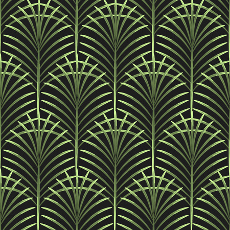Palm leaves vector seamless pattern. Tropical leaf background, jungle tree branch. Botanical fan ornament on black.のイラスト素材