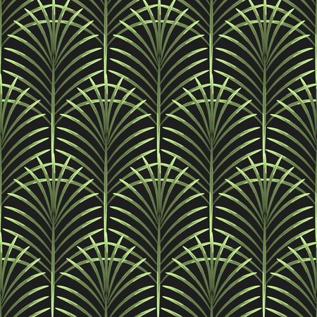 Palm leaves vector seamless pattern. Tropical leaf background, jungle tree branch. Botanical fan ornament on black.のイラスト素材