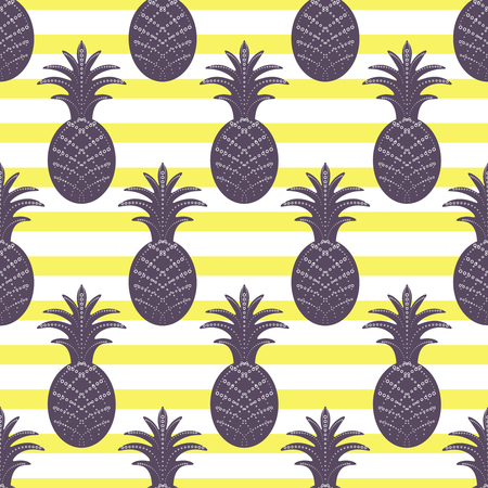 Pineapple seamless pattern on yellow and white stripe background. Stylized ananas fruit.のイラスト素材