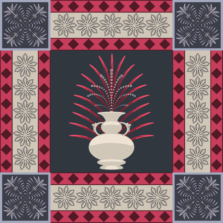 Oriental carpet vase and leaf decor element. Rug tile with vintage jar of abundance symbol and exotic tree leaf.のイラスト素材