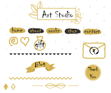 Blog template elements in gold and grey. Logo, menu buttons, mail icon, dotted seamless background and dividers for creative  bloggers.のイラスト素材