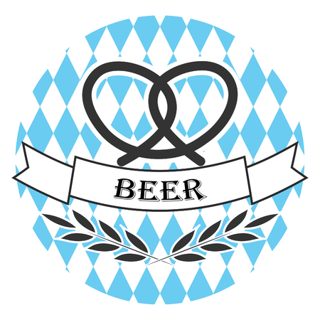 Beer oktoberfest line logo badge. Pretzel and wheat spica branch. Round linear Oktoberfest label sticker. Blue and white backdropのイラスト素材