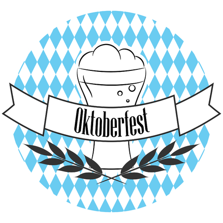Beer oktoberfest line logo badge. Round linear Oktoberfest label sticker. Blue and white backdropのイラスト素材