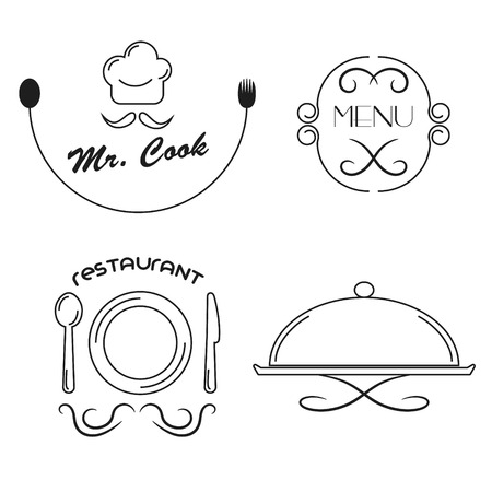 Restaurant icons set. Line style icons for cafe or restaurant with chef hat, menu badge, dish and cloche.のイラスト素材