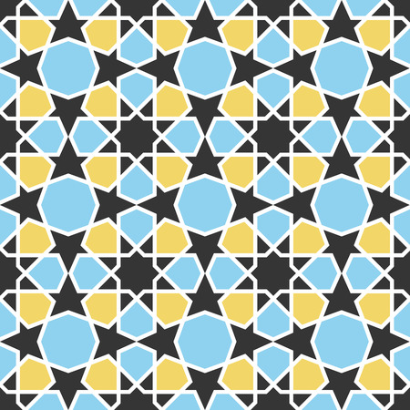 Arabic geometric pattern. Seamless vector background in traditional eastern style. Blue and yellow octagonal starsのイラスト素材
