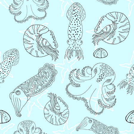 Hand drawn cephalopods seamless pattern. Blue background vector octopus, squid calmar, nautilus and cuttlefish.のイラスト素材