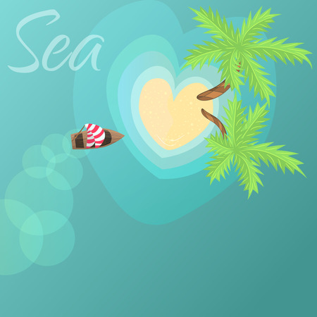 Palm trees on beach with boat in ocean near coastlineのイラスト素材