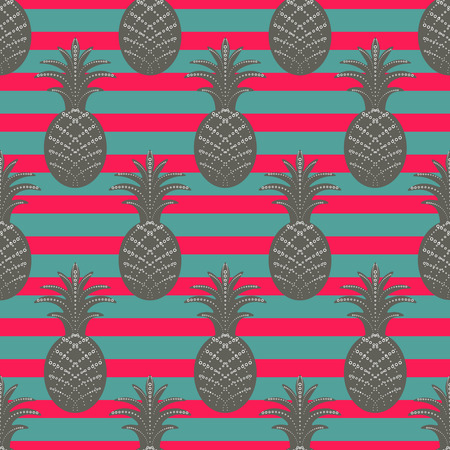 Pineapple seamless pattern on stripe red and blue backgroundのイラスト素材