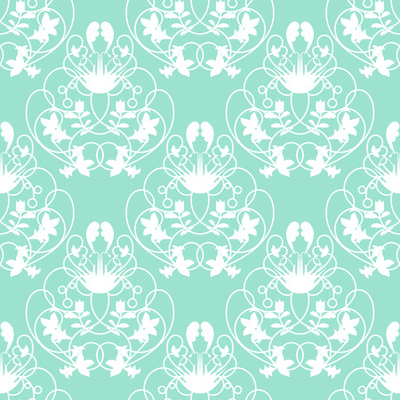 Elegant damask mint seamless vector background with delicate white swirl design.のイラスト素材