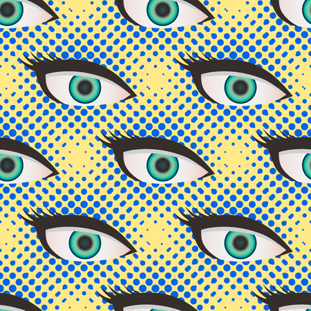 Pop art style halftone close up eyes pattern. Dotted yellow and blue background.のイラスト素材