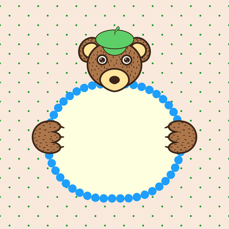 Bear holding banner card in paws. Birthday greeting celebration. Children cartoon animal on dotted background.のイラスト素材