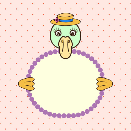 Green duck or goose holding banner card in paws. Birthday greeting celebration. Children cartoon animal on dotted background.のイラスト素材