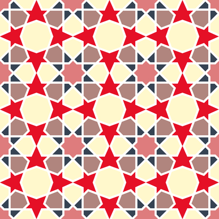 Arabesque pattern. Vector seamless traditional east design. Red stars on light yellow geometric ornament.のイラスト素材