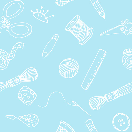 Sewing hand drawn seamless vector pattern. Handmade crafts background with tailor instruments. For site, blog, textile or paper.のイラスト素材