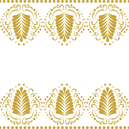 Golden elegant border in damask retro style. Leaf ornament with swirls, fan or feather motifs with dotted row. For border cloth or invitations.のイラスト素材