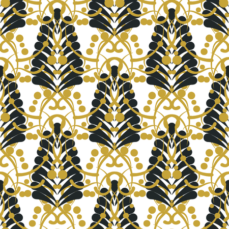 Stylized leaf or feather seamless pattern. Elegant fans, stains, swirls background. Repeatable black and gold elements.のイラスト素材