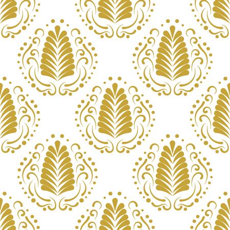 Stylized golden damask leaf or feather seamless pattern. Elegant fan and swirls background. Repeatable elements for textile fabric, invitation cards.のイラスト素材