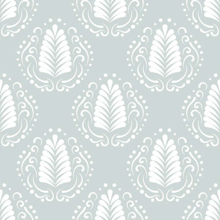 Stylized damask leaf or feather seamless pattern. Elegant fan and swirls background. Repeatable white elements on gray background.のイラスト素材