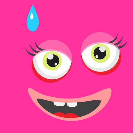 Pink monster face cartoon personage. Card background element. Surprised face expression.のイラスト素材