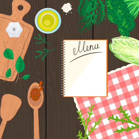 Cooking in kitchen top view banner. Food and utensils on wooden table: spatula, spoon, cutting board, towel, vegetables.のイラスト素材