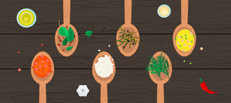 Wooden spoons with spices and herbs on wood surface. Hero header image for site or journal article.のイラスト素材