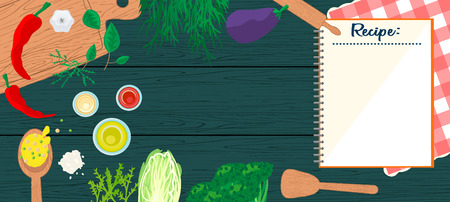 Cooking in kitchen top view banner. Food and utensils on wooden table - spatula, spoon, cutting board, towel, vegetables.のイラスト素材