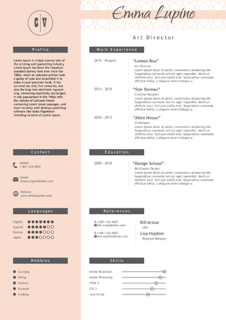 Vestor creative resume template. Minimalistic pink and white style. CV light infographic elements. Business personal job document.のイラスト素材