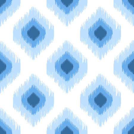 Blue ikat seamless vector pattern. Ogee rhombs geometric texture. Textile fabric design.のイラスト素材