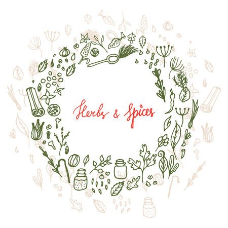 Herbs and spices doodle hand drawn laurel wreath. Pen sketch food circle frame.のイラスト素材