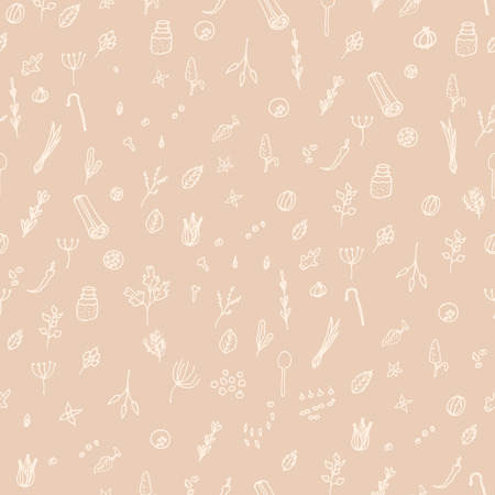 Herbs and spices doodle hand drawn seamless pattern. Repeat beige monochrome background.のイラスト素材
