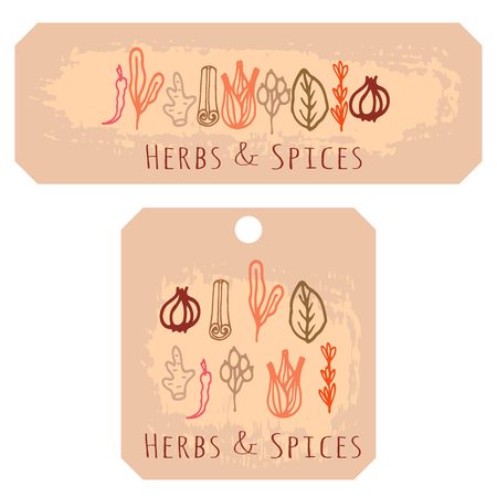 Herbs and spices doodle hand drawn label tags. Organic recycled paper.のイラスト素材