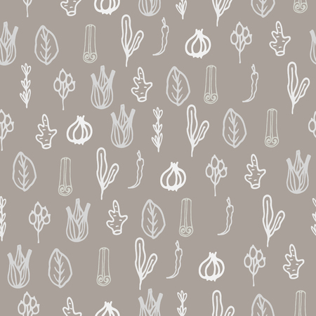 Herbs and spices doodle hand drawn seamless pattern. Repeat white on brown taupe background.のイラスト素材