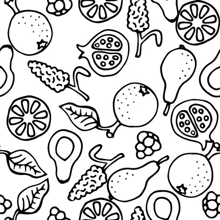 Fruit doodle hand drawn seamless vector pattern. Ink pen sketched food monochrome coloring background.のイラスト素材